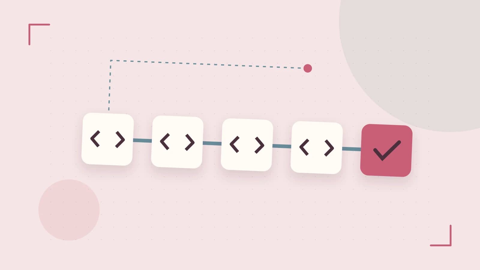 Editorial illustration of a branching build pipeline, staged transformations and a completed check
