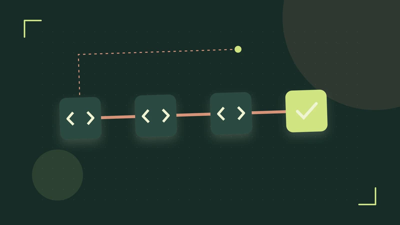 Editorial illustration of a branching build pipeline, staged transformations and a completed check