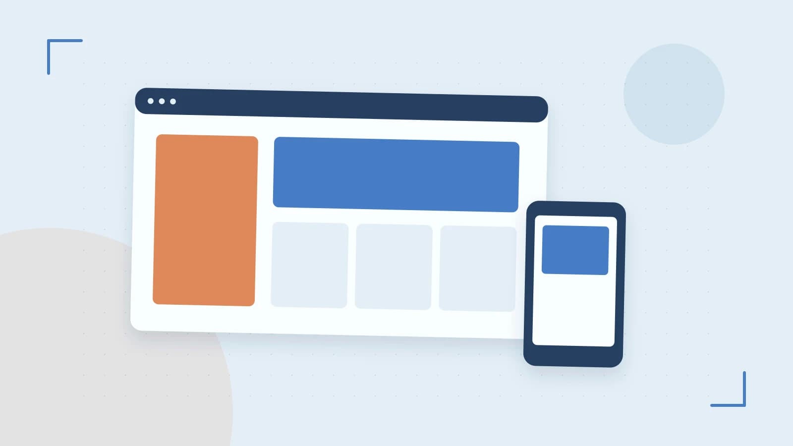 Editorial illustration of responsive browser layouts, overlapping design components and a color system