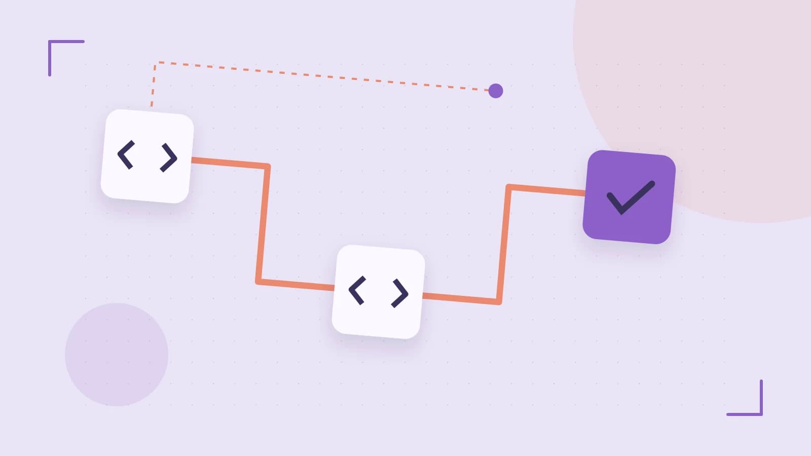 Editorial illustration of a branching build pipeline, staged transformations and a completed check