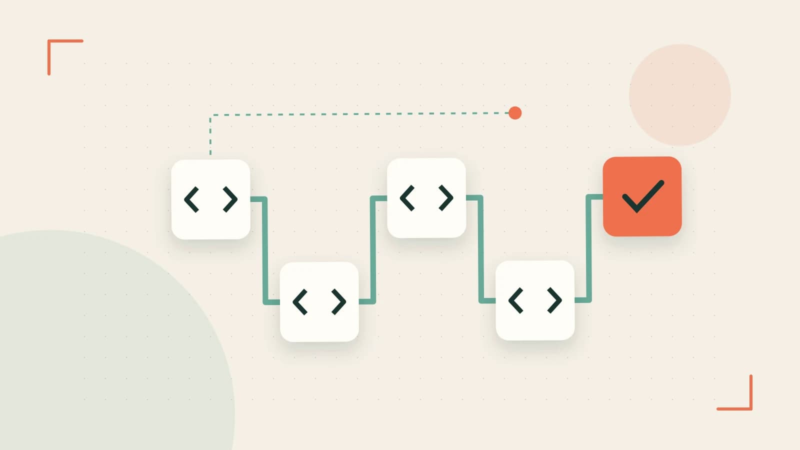 Editorial illustration of a branching build pipeline, staged transformations and a completed check