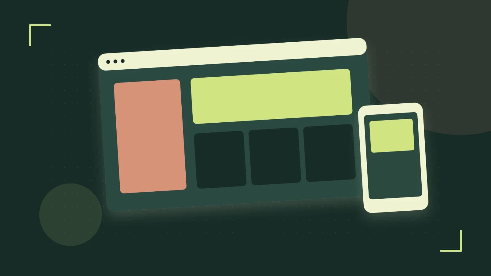 Editorial illustration of responsive browser layouts, overlapping design components and a color system