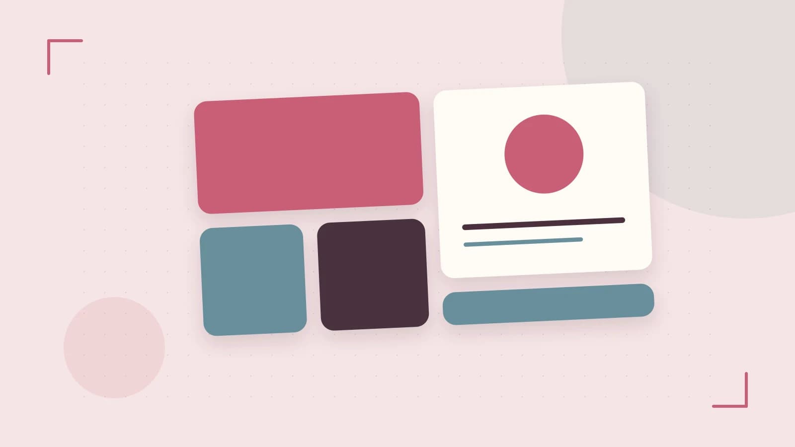 Editorial illustration of responsive browser layouts, overlapping design components and a color system
