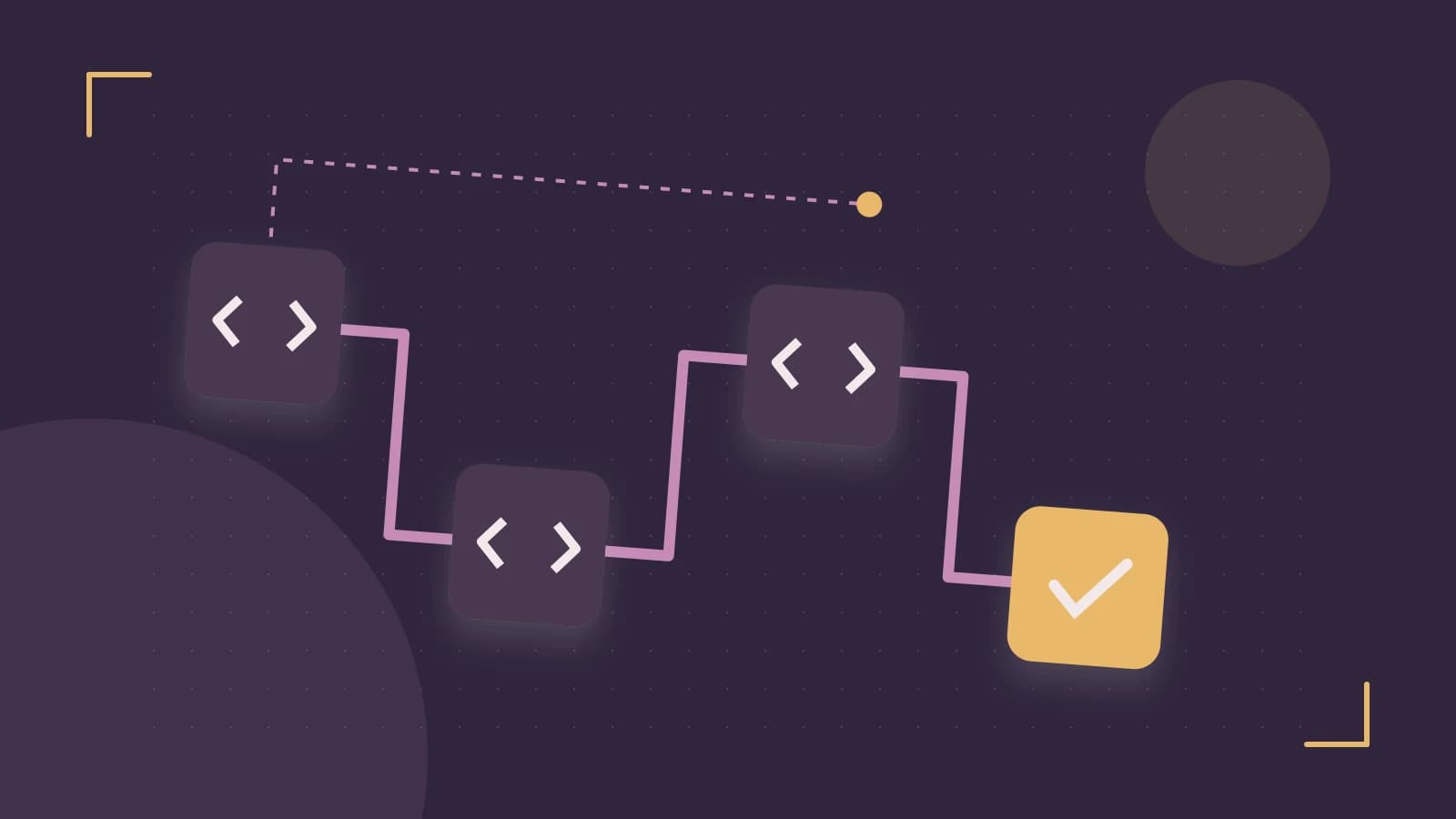 Editorial illustration of a branching build pipeline, staged transformations and a completed check