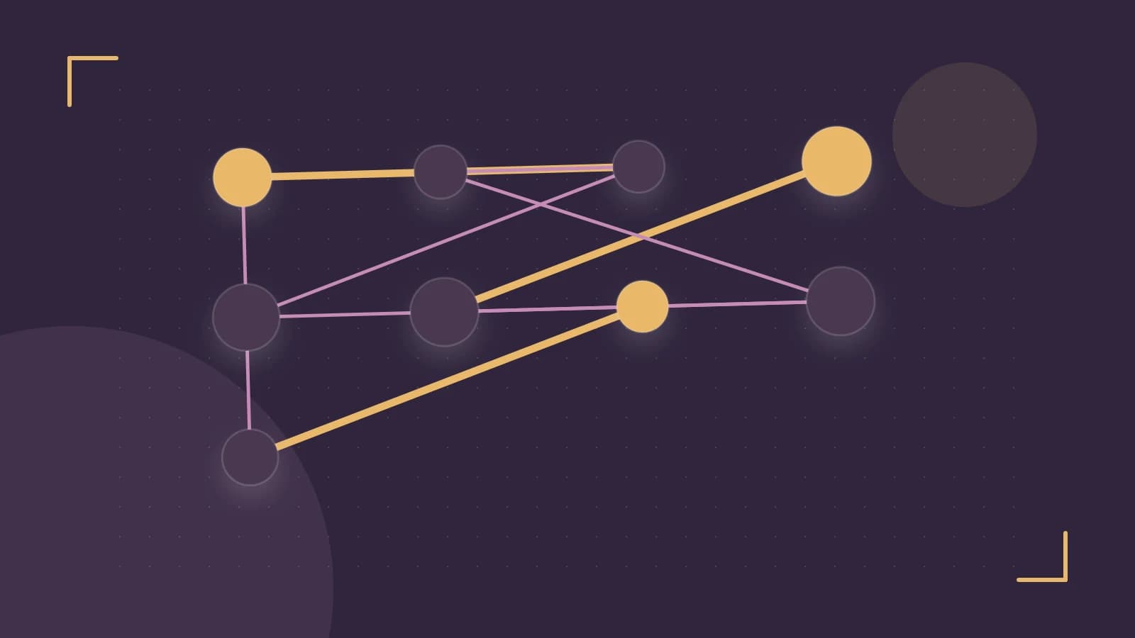 Editorial illustration of an algorithmic node graph with branching paths and a highlighted result