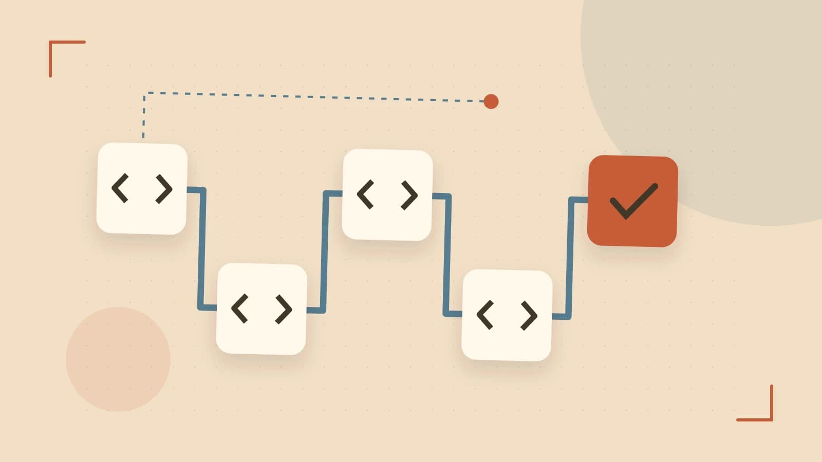 Editorial illustration of a branching build pipeline, staged transformations and a completed check
