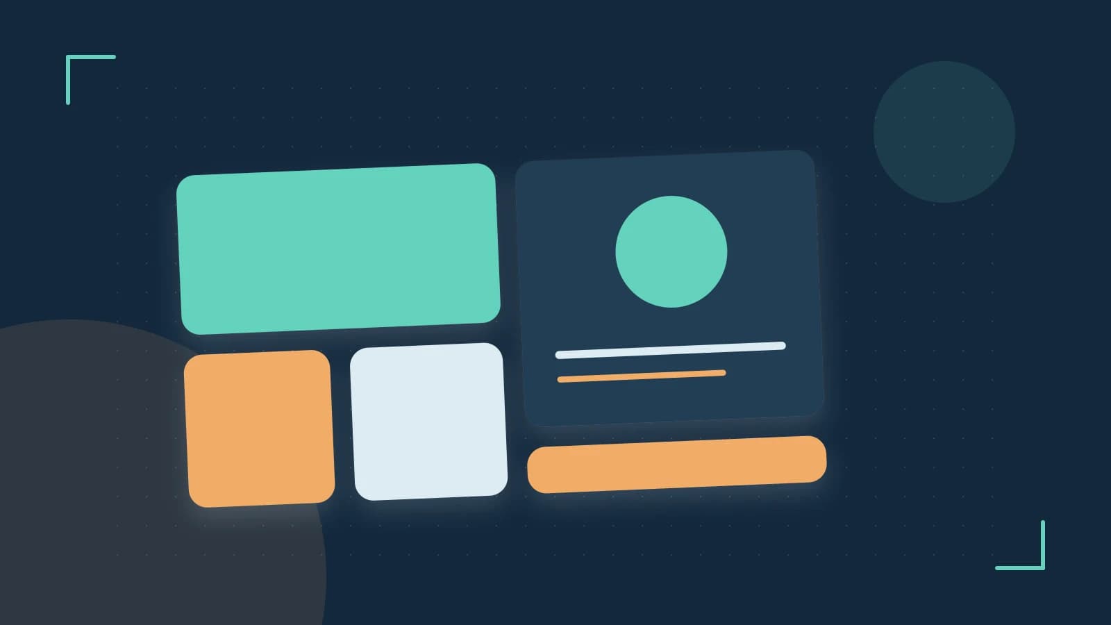 Editorial illustration of responsive browser layouts, overlapping design components and a color system