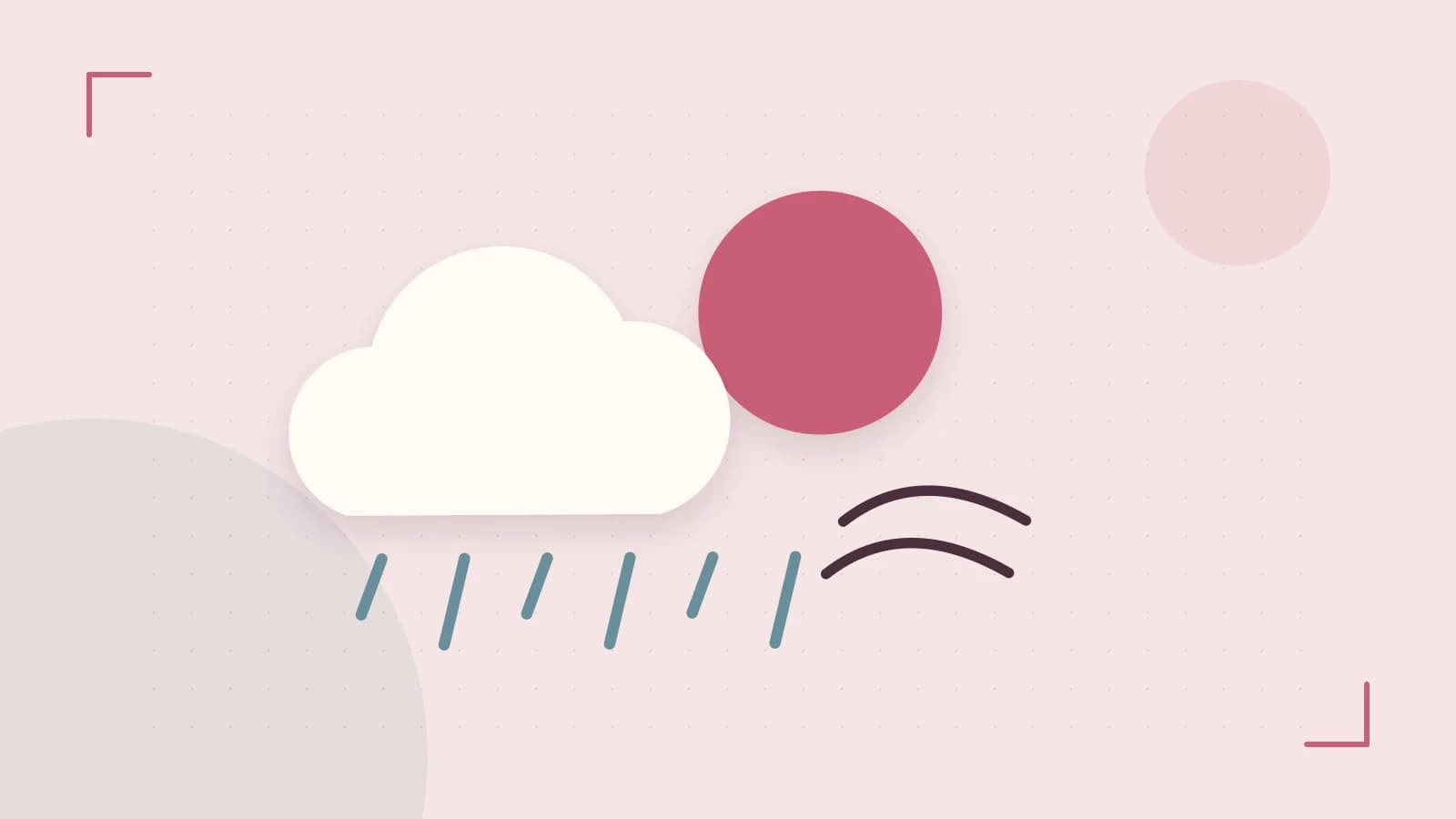 Editorial illustration of a sun, layered clouds, raindrops and flowing weather patterns