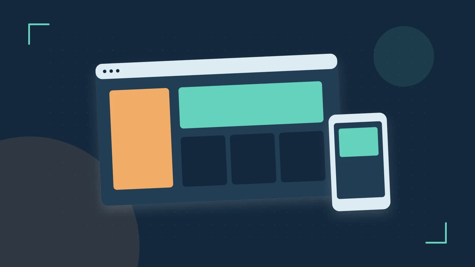 Editorial illustration of responsive browser layouts, overlapping design components and a color system