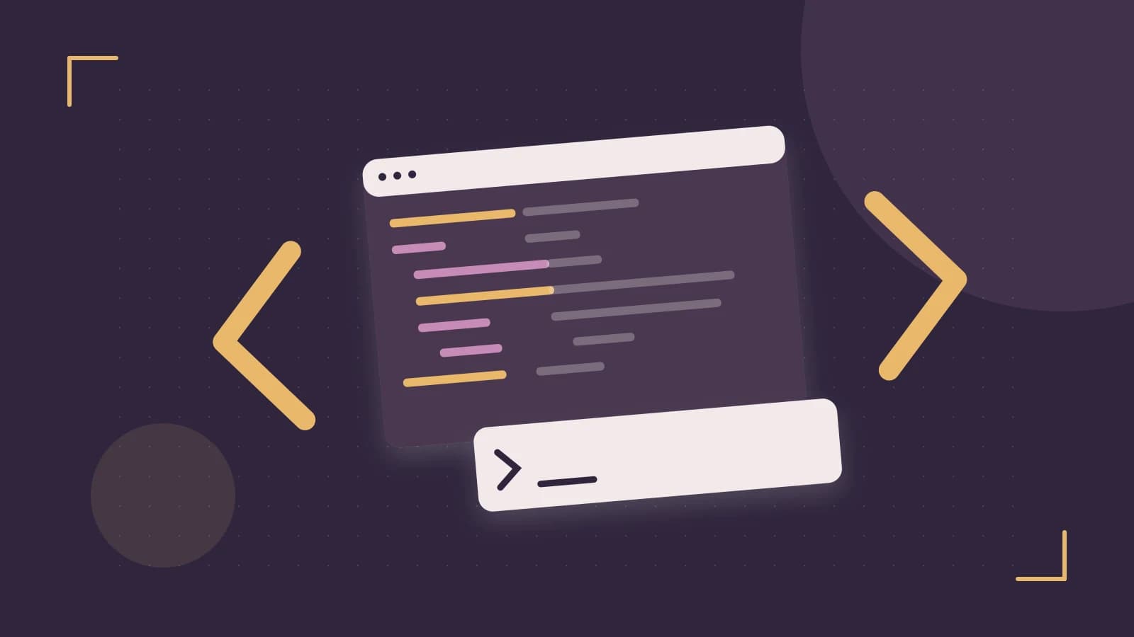 Editorial illustration of an abstract code editor, syntax blocks and oversized programming brackets