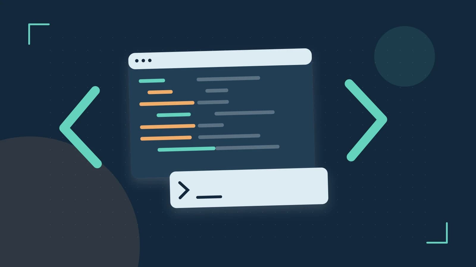 Editorial illustration of an abstract code editor, syntax blocks and oversized programming brackets