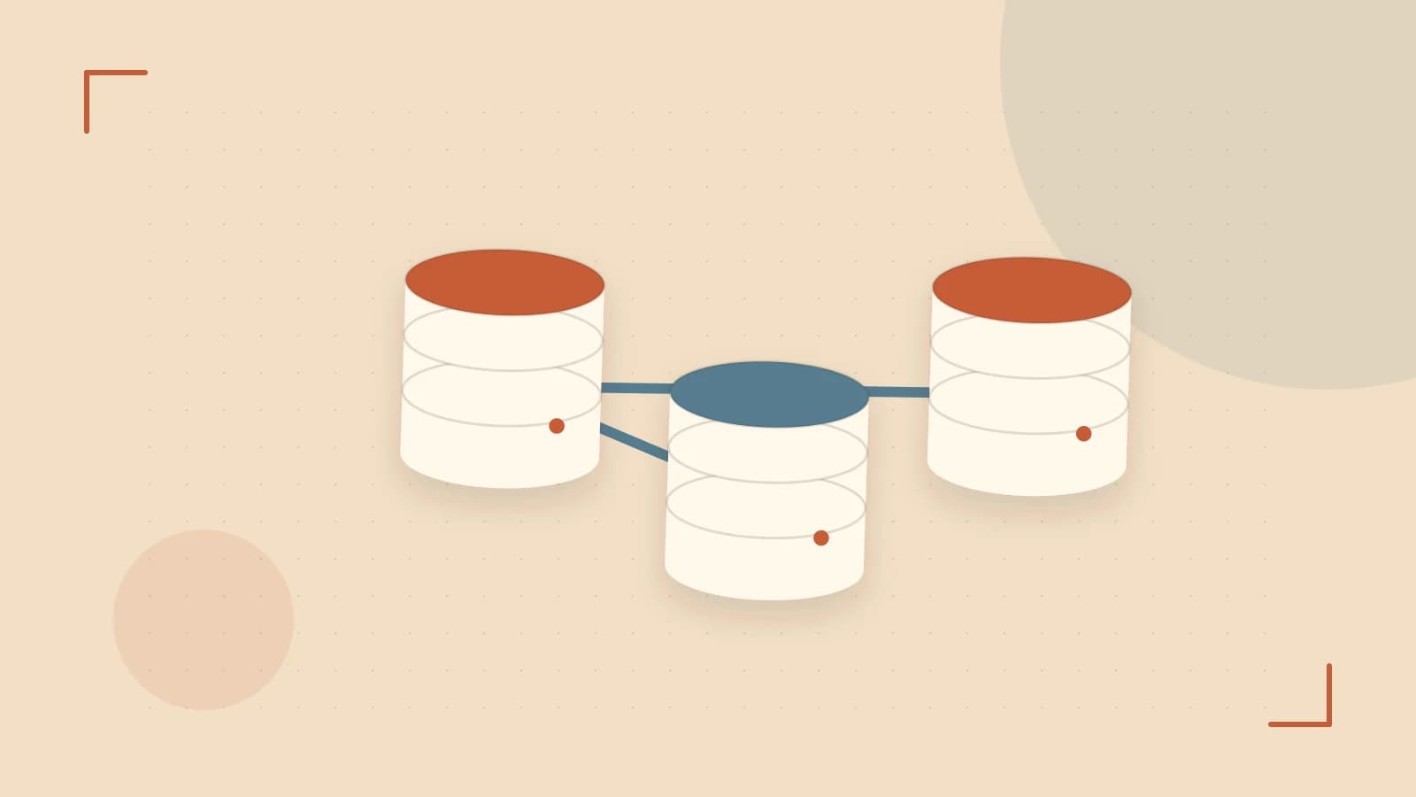 Editorial illustration of structured records, database cylinders and relationships between tables