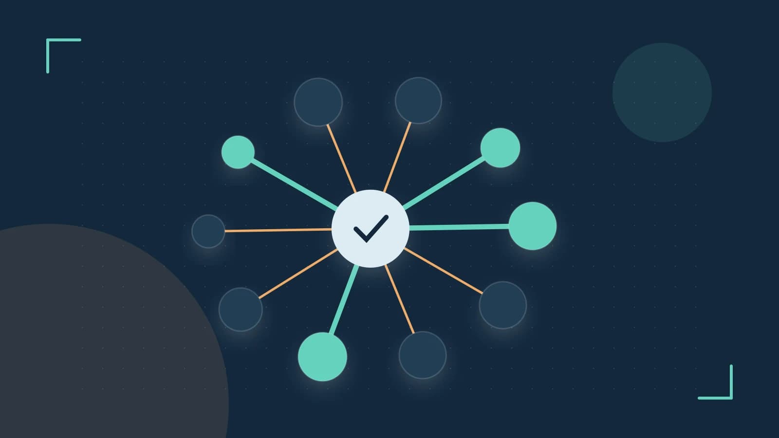 Editorial illustration of an algorithmic node graph with branching paths and a highlighted result