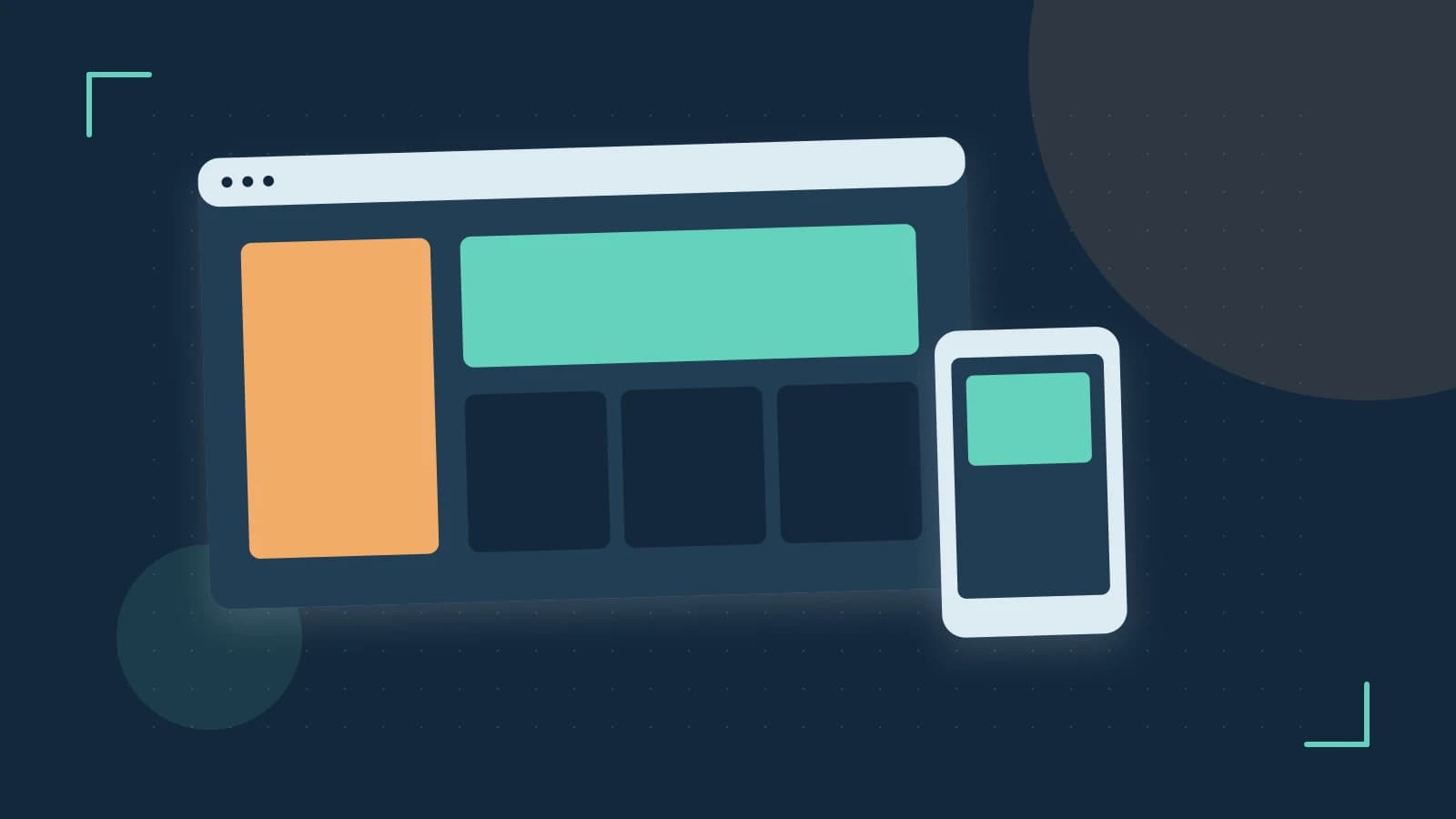 Editorial illustration of responsive browser layouts, overlapping design components and a color system