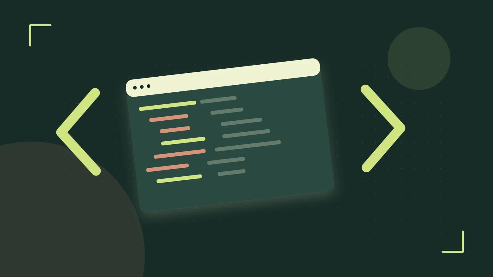 Editorial illustration of an abstract code editor, syntax blocks and oversized programming brackets
