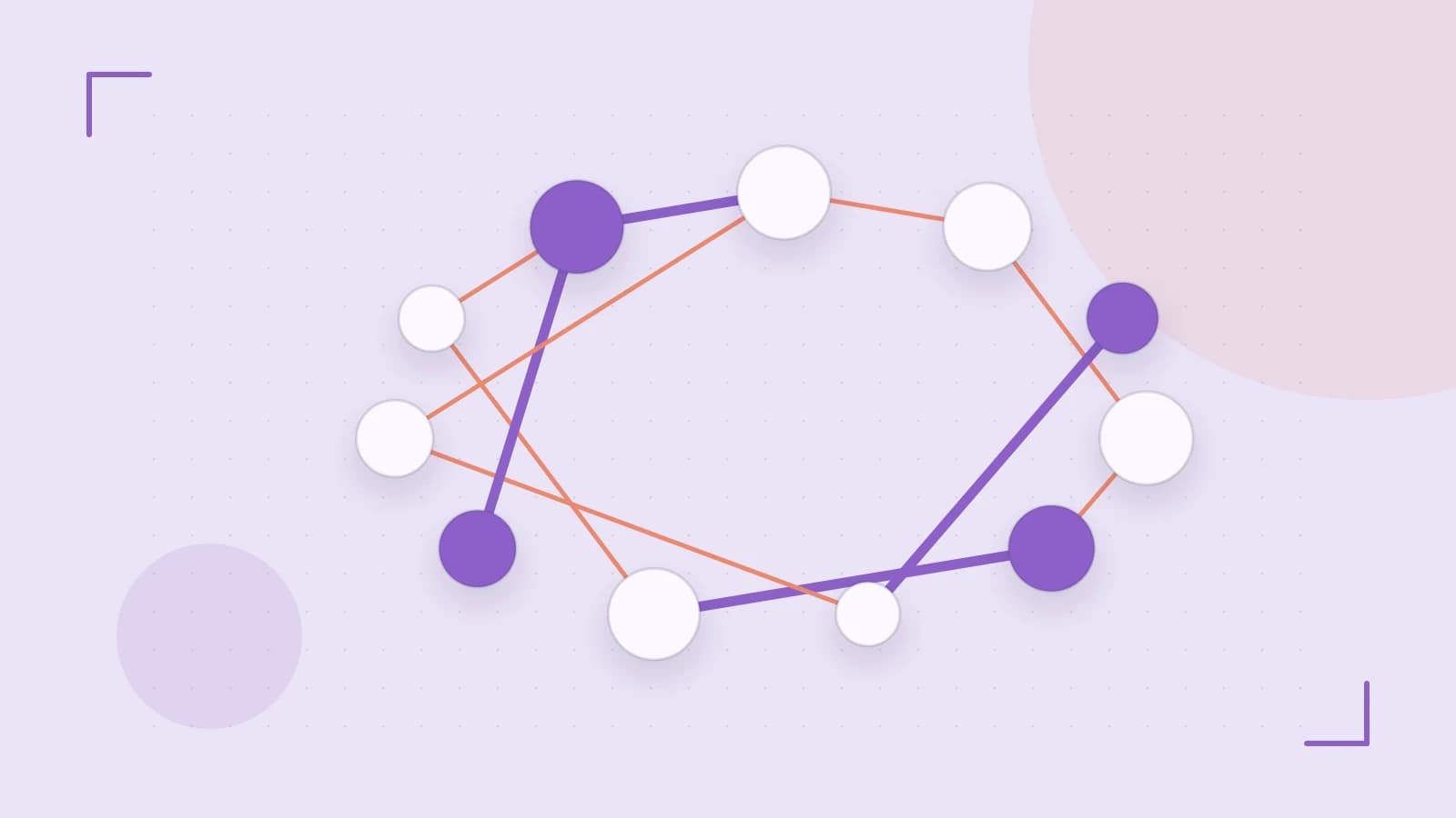 Editorial illustration of an algorithmic node graph with branching paths and a highlighted result