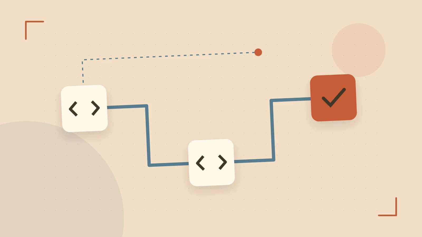 Editorial illustration of a branching build pipeline, staged transformations and a completed check