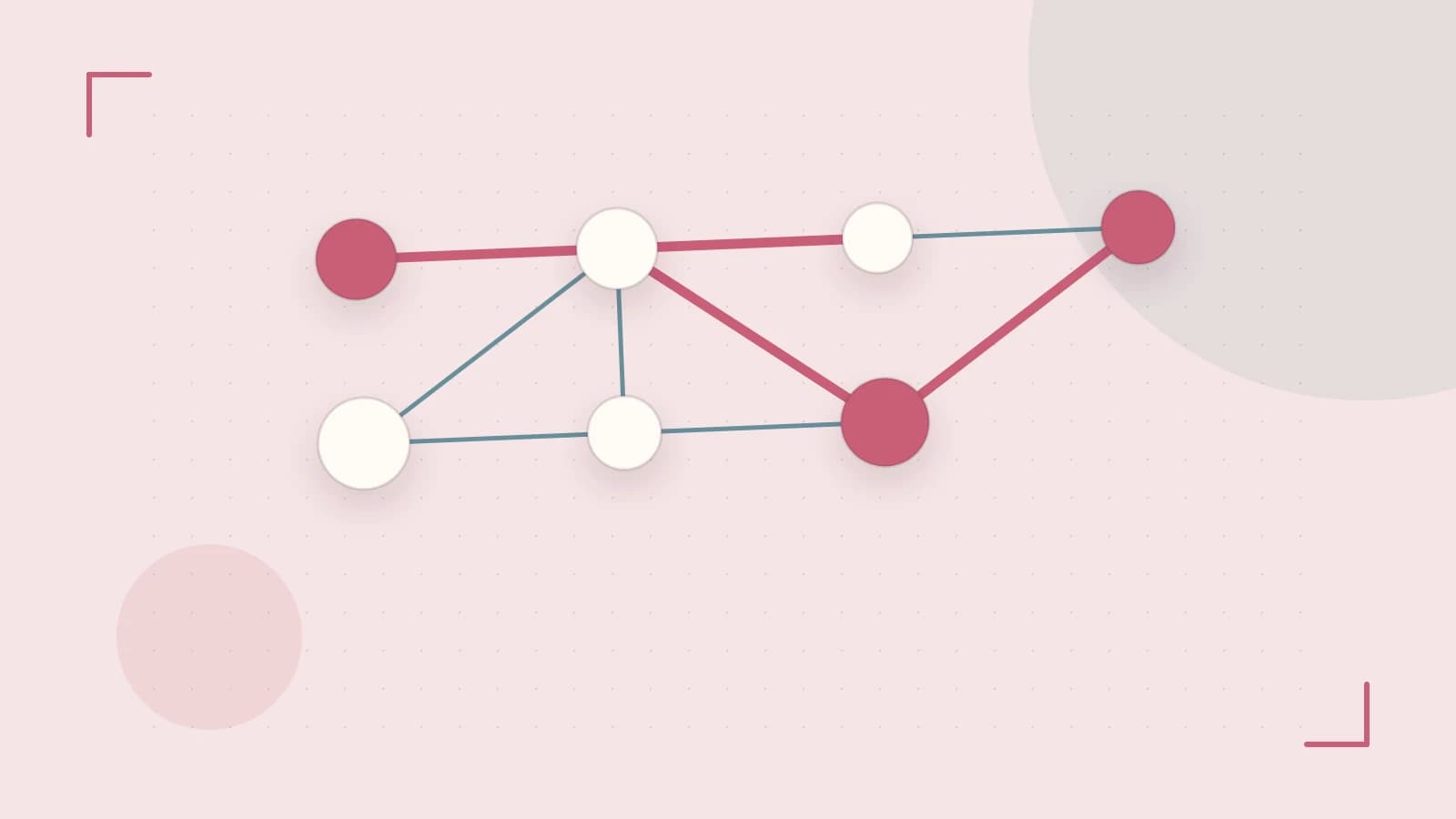 Editorial illustration of an algorithmic node graph with branching paths and a highlighted result