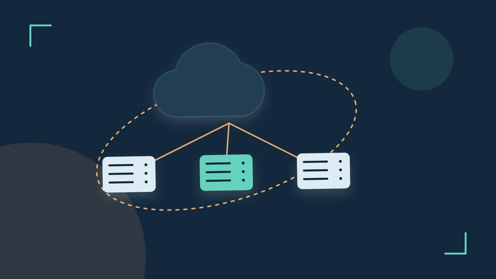 Editorial illustration of cloud infrastructure, connected server racks and an orbital service map