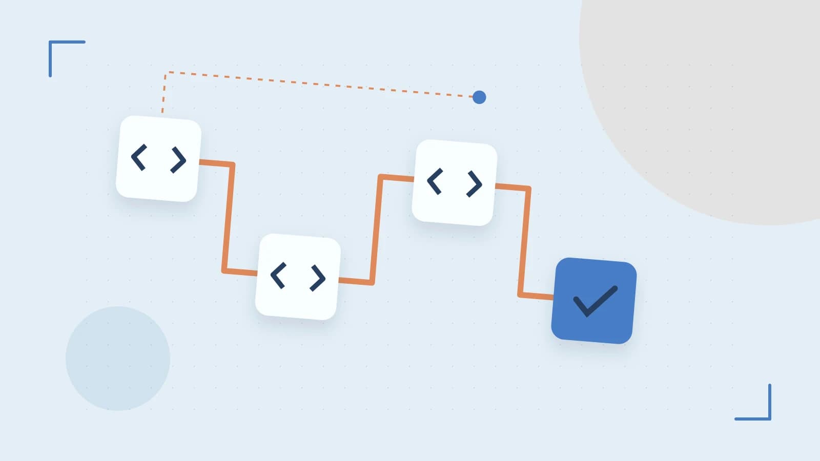 Editorial illustration of a branching build pipeline, staged transformations and a completed check