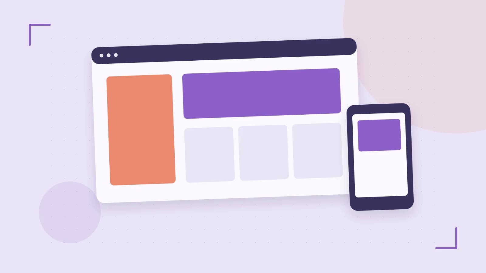 Editorial illustration of responsive browser layouts, overlapping design components and a color system