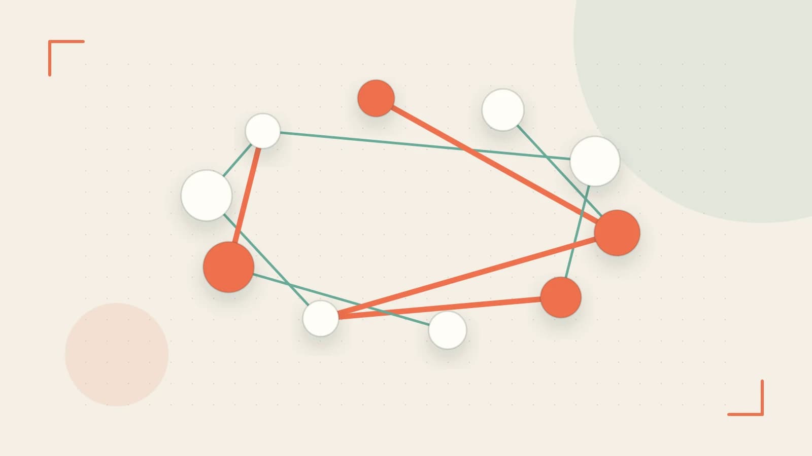 Editorial illustration of an algorithmic node graph with branching paths and a highlighted result