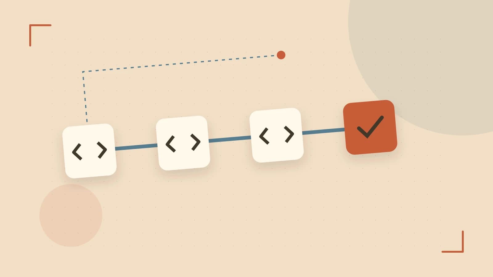 Editorial illustration of a branching build pipeline, staged transformations and a completed check