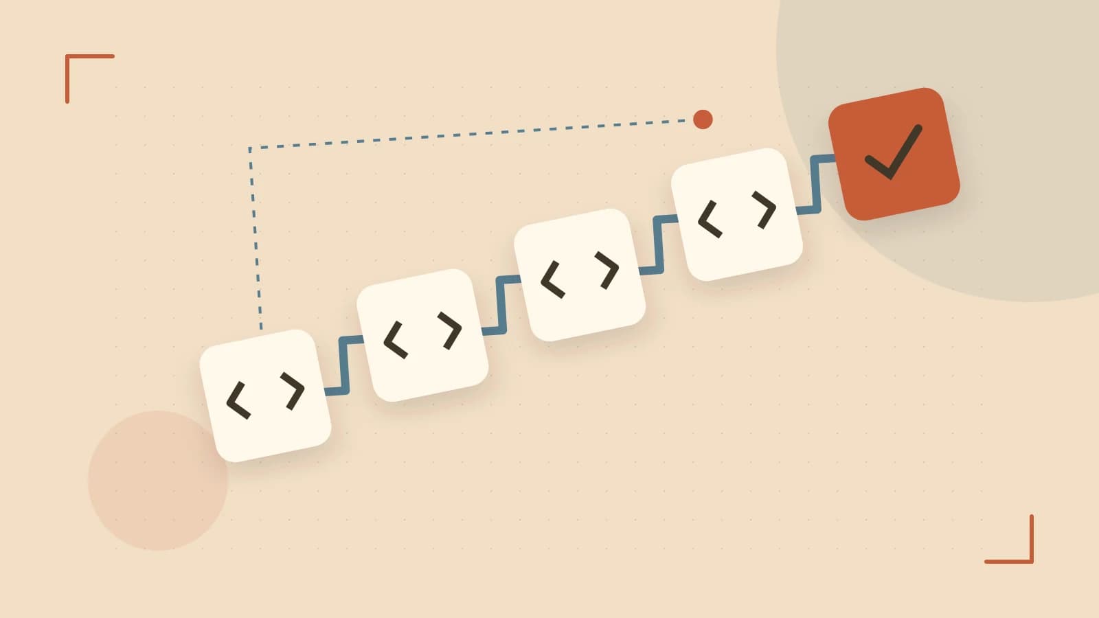 Editorial illustration of a branching build pipeline, staged transformations and a completed check