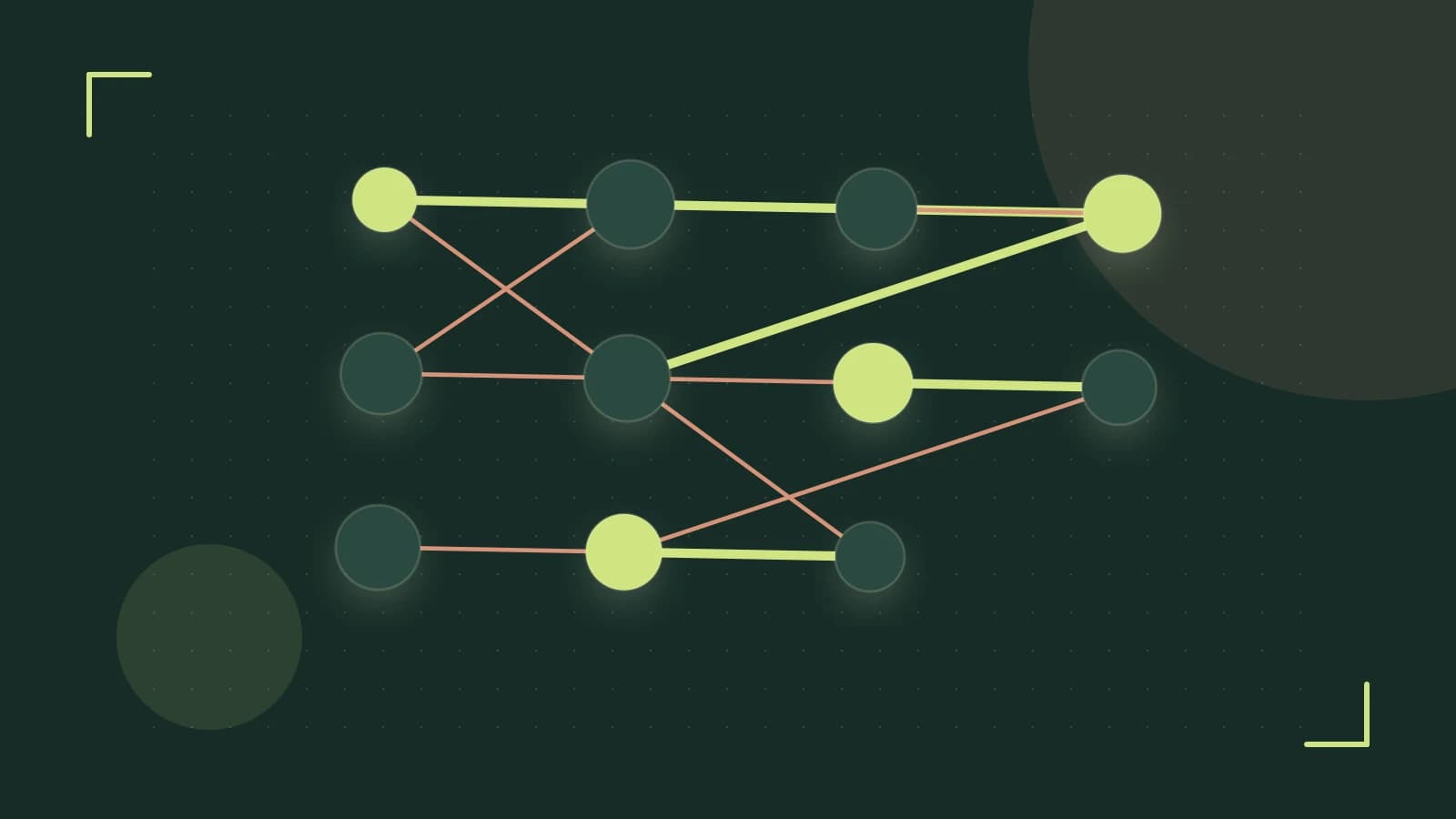 Editorial illustration of an algorithmic node graph with branching paths and a highlighted result