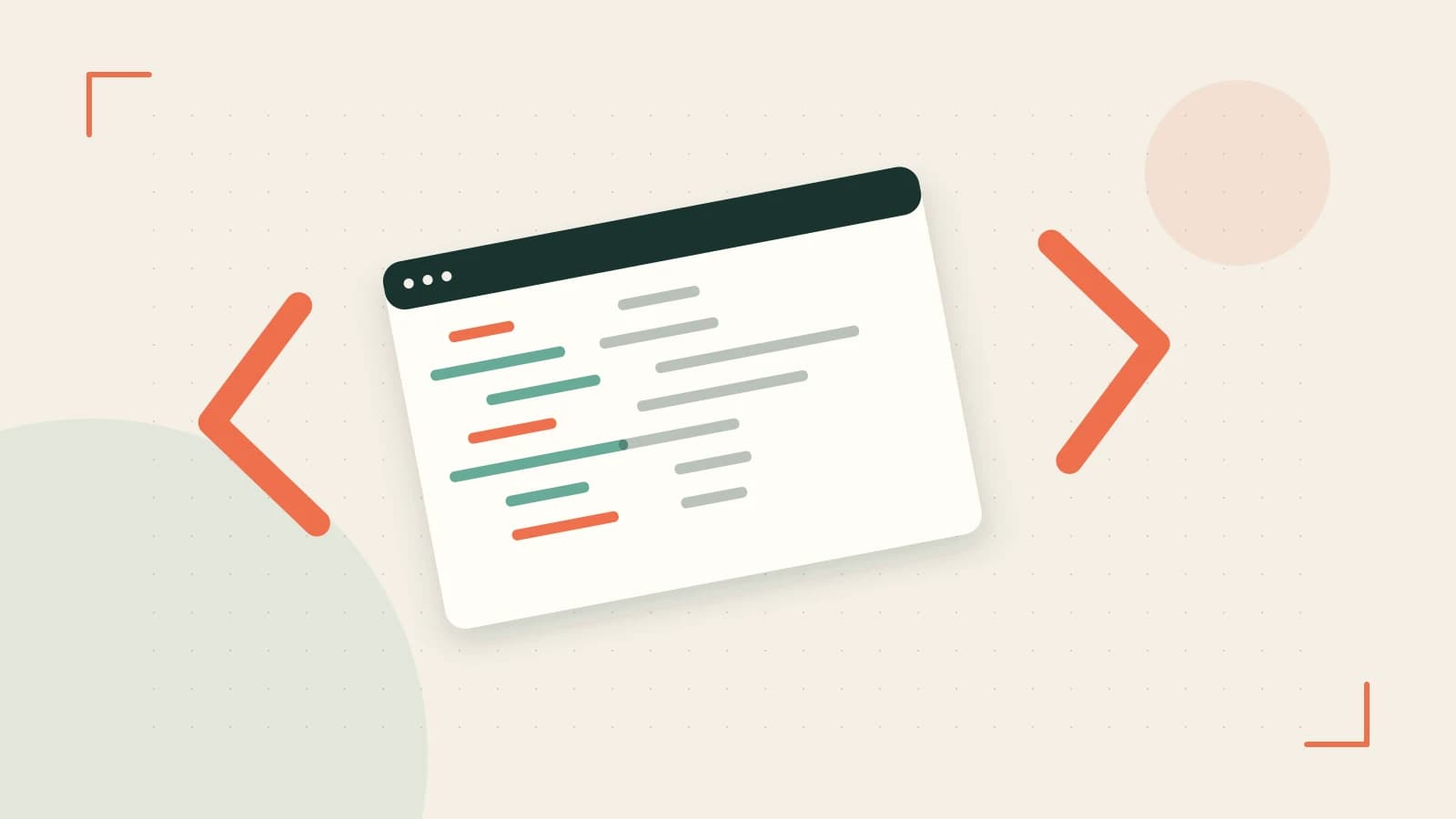 Editorial illustration of an abstract code editor, syntax blocks and oversized programming brackets