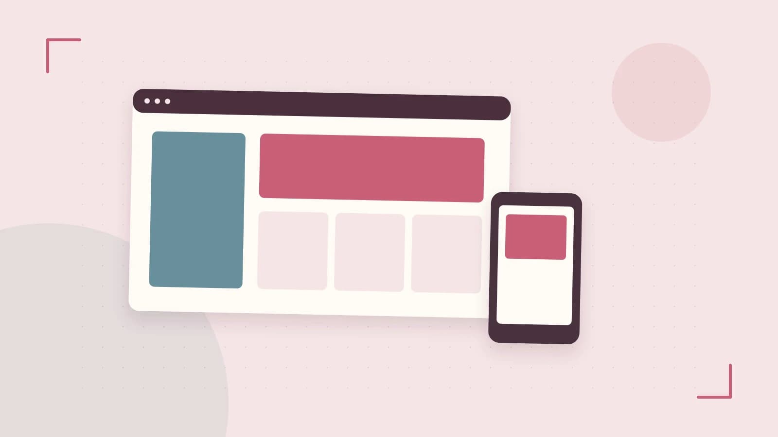 Editorial illustration of responsive browser layouts, overlapping design components and a color system