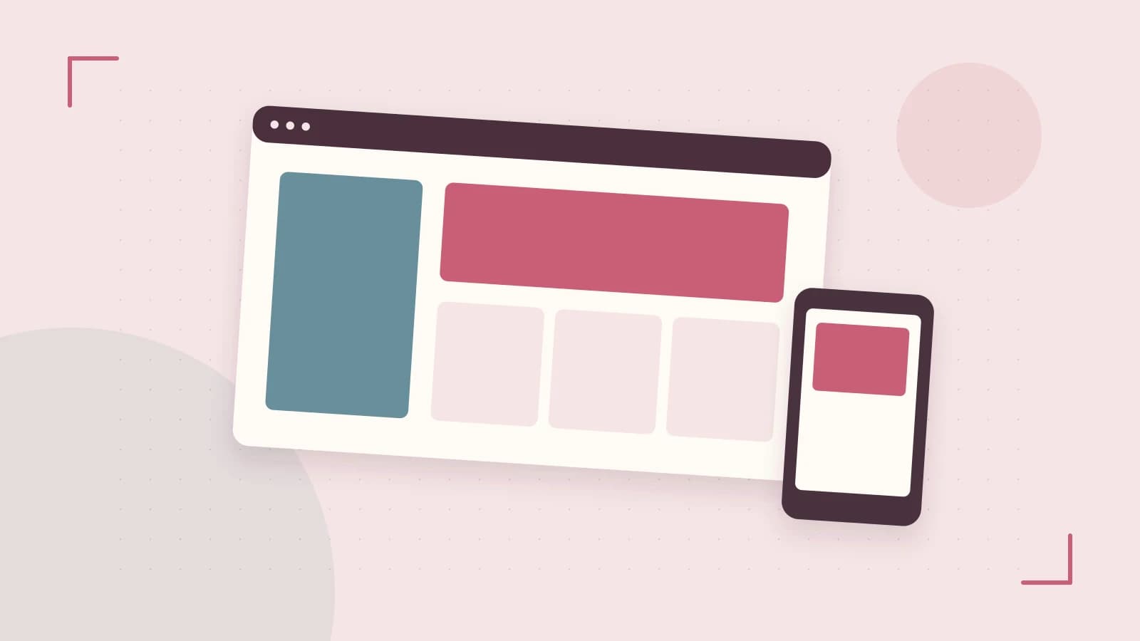 Editorial illustration of responsive browser layouts, overlapping design components and a color system