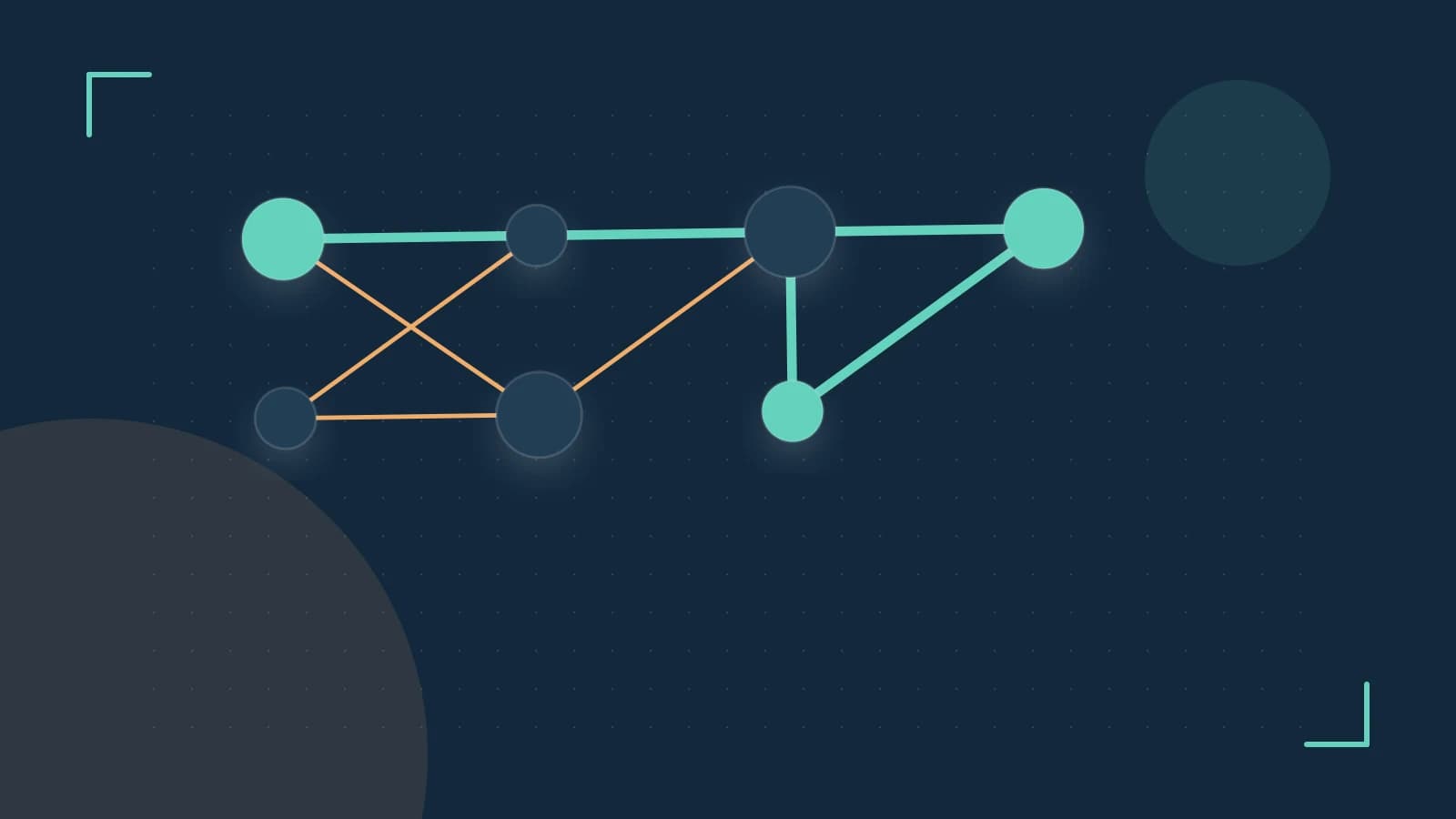 Editorial illustration of an algorithmic node graph with branching paths and a highlighted result