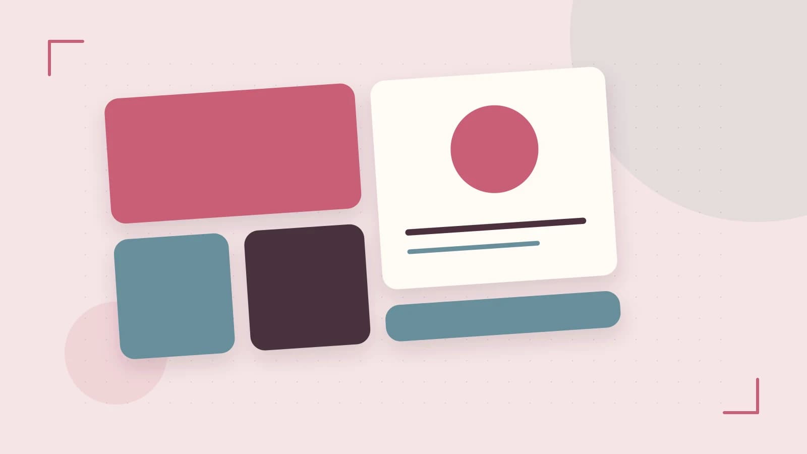 Editorial illustration of responsive browser layouts, overlapping design components and a color system