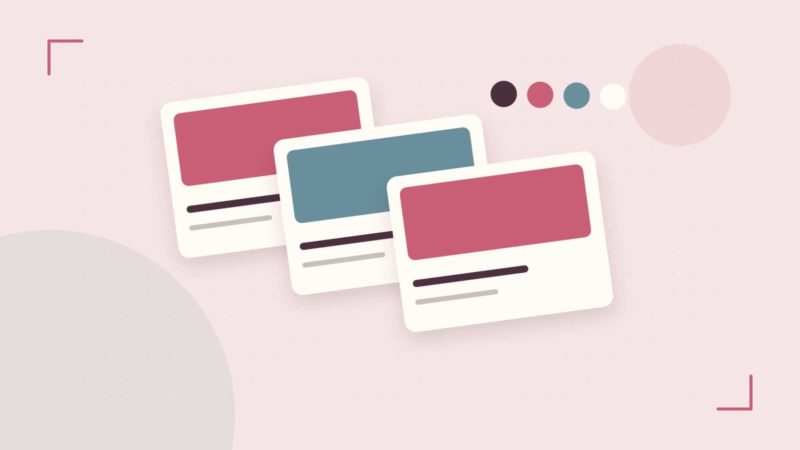 Editorial illustration of responsive browser layouts, overlapping design components and a color system