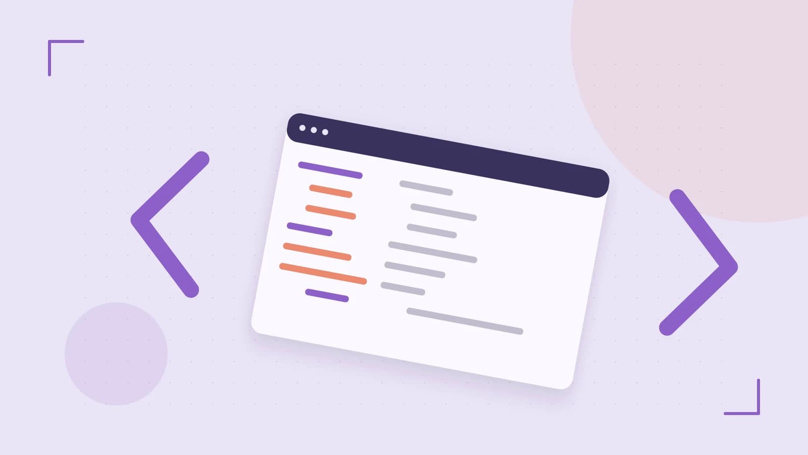 Editorial illustration of an abstract code editor, syntax blocks and oversized programming brackets