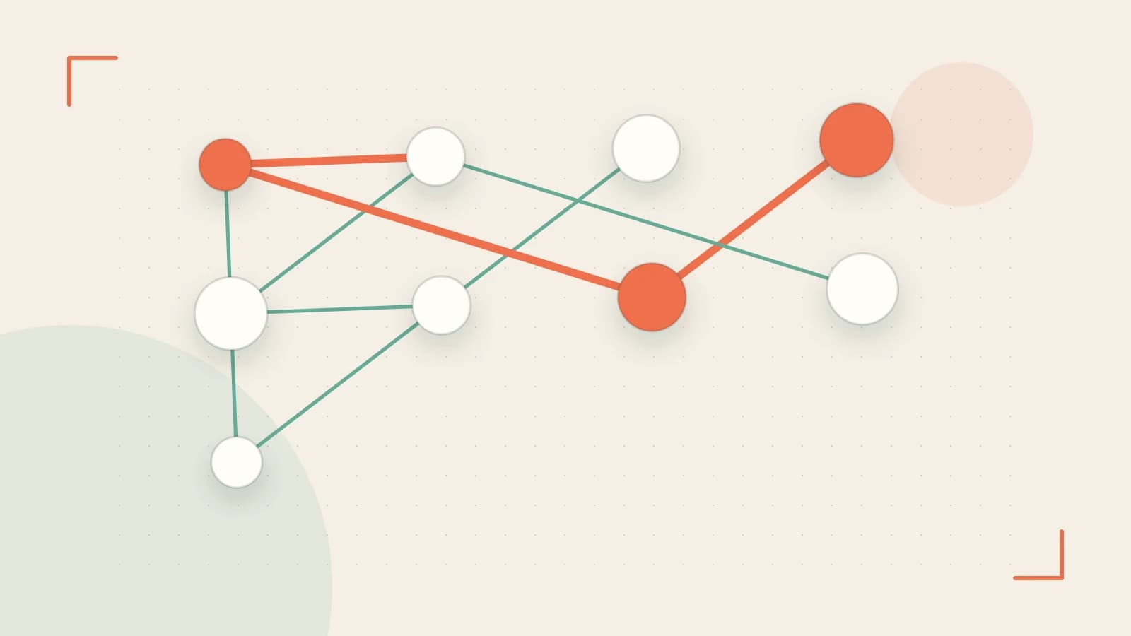 Editorial illustration of an algorithmic node graph with branching paths and a highlighted result