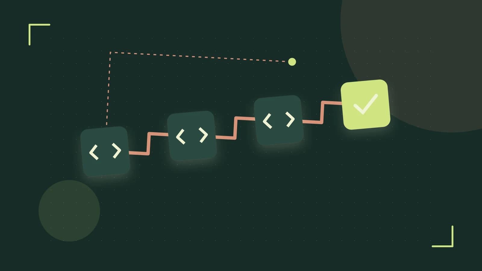 Editorial illustration of a branching build pipeline, staged transformations and a completed check