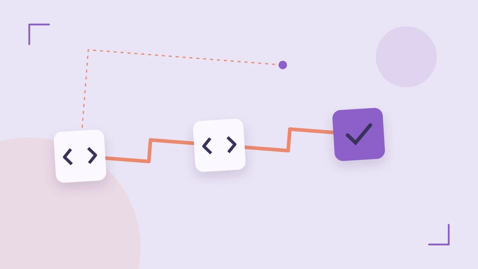 Editorial illustration of a branching build pipeline, staged transformations and a completed check