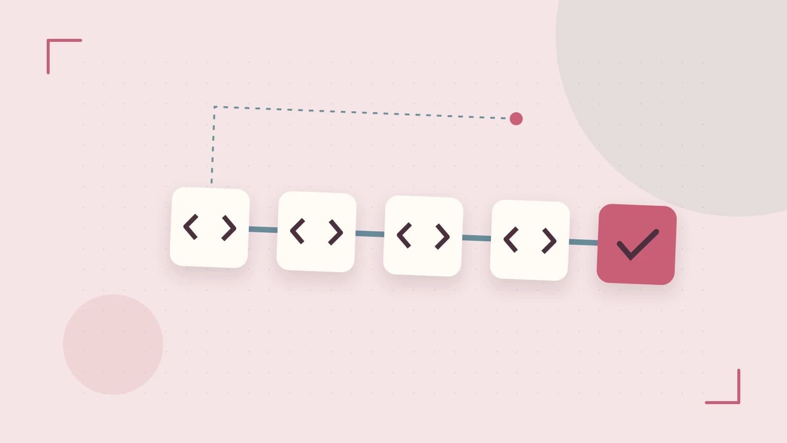 Editorial illustration of a branching build pipeline, staged transformations and a completed check