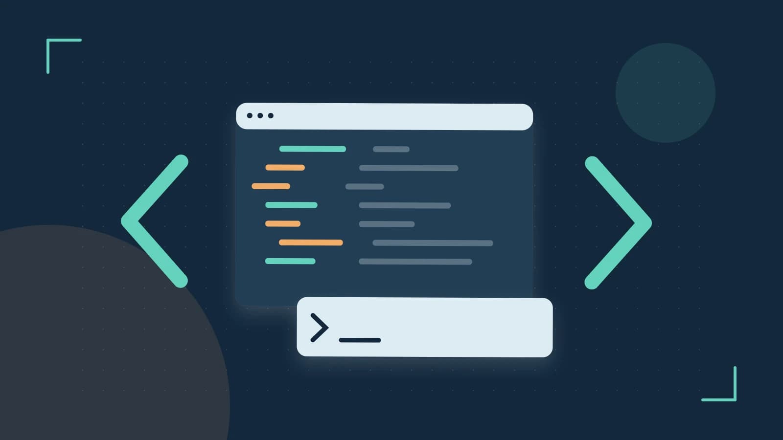 Editorial illustration of an abstract code editor, syntax blocks and oversized programming brackets