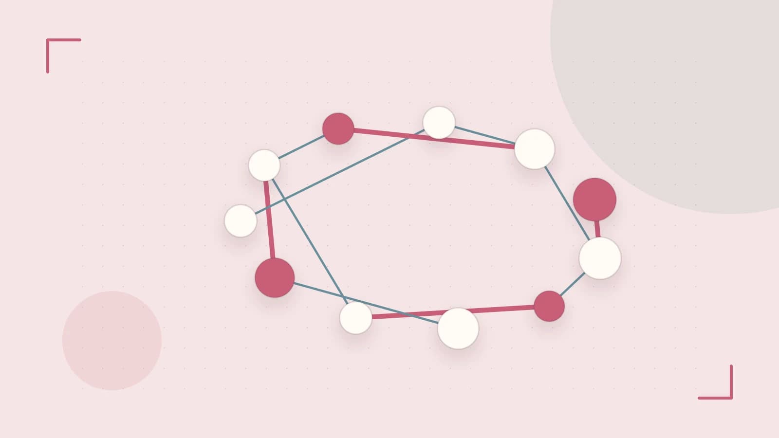 Editorial illustration of an algorithmic node graph with branching paths and a highlighted result