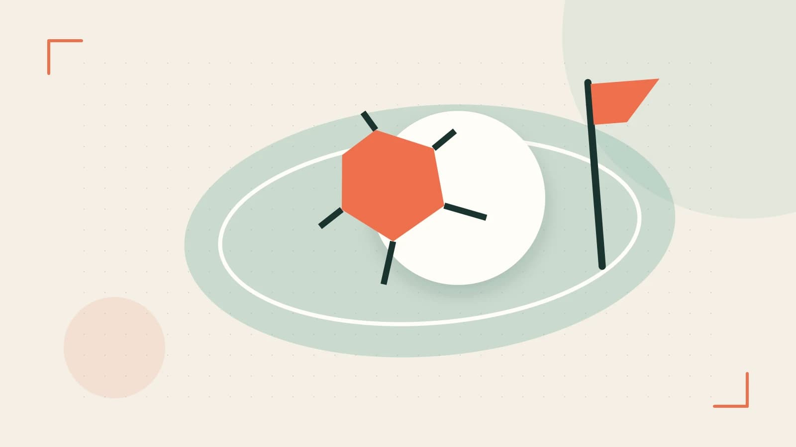 Editorial illustration of a stylized sports ball, stadium geometry and dynamic arcs