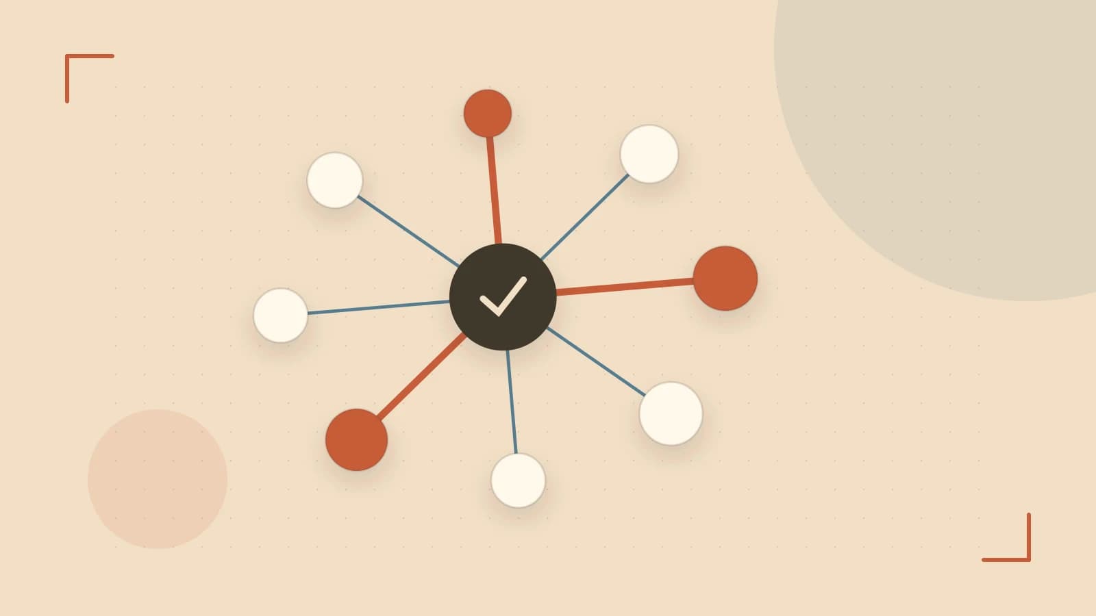 Editorial illustration of an algorithmic node graph with branching paths and a highlighted result