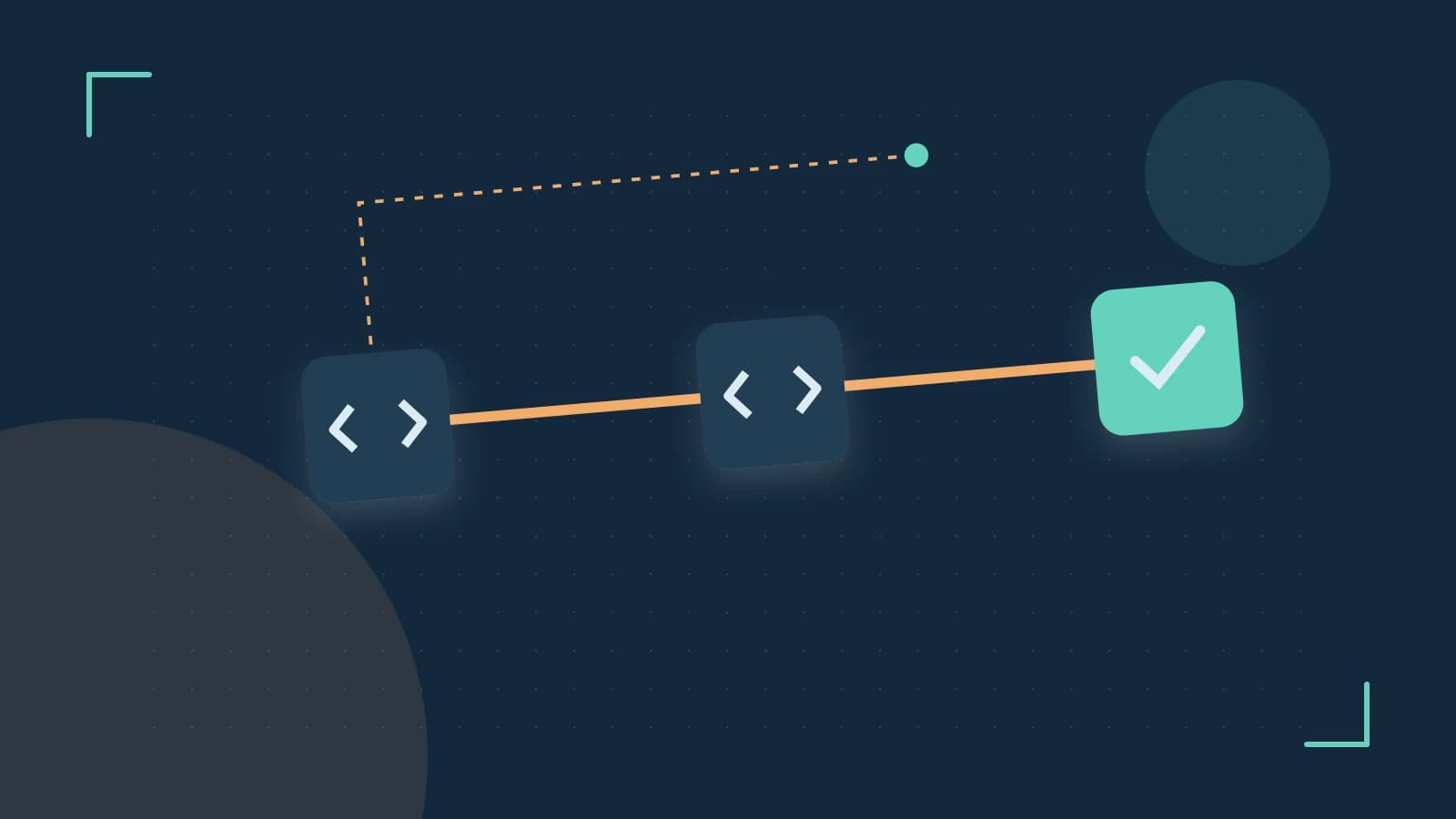 Editorial illustration of a branching build pipeline, staged transformations and a completed check