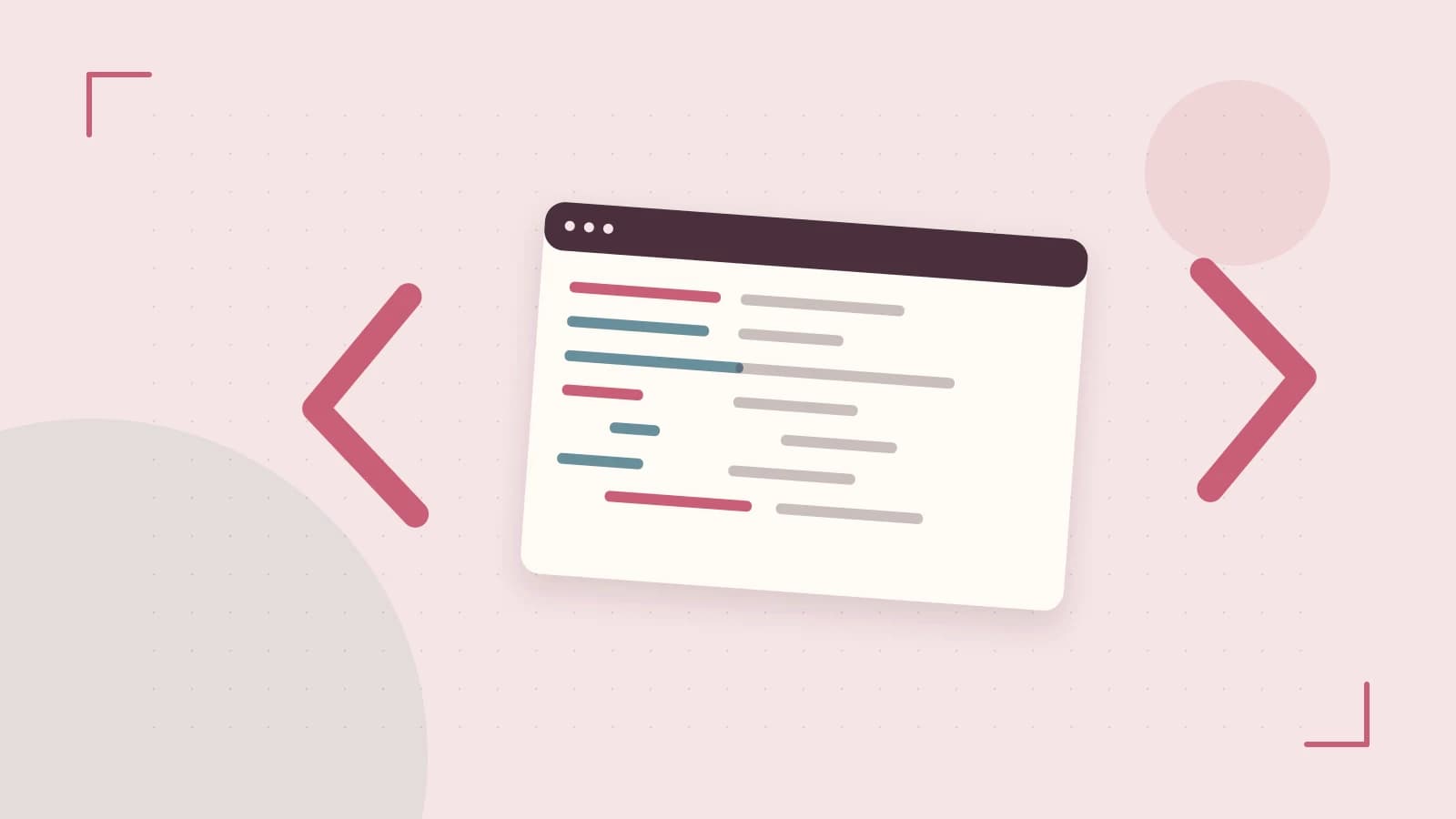 Editorial illustration of an abstract code editor, syntax blocks and oversized programming brackets