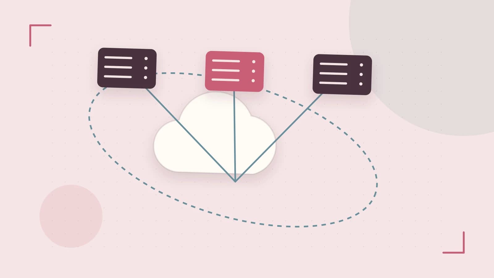 Editorial illustration of cloud infrastructure, connected server racks and an orbital service map