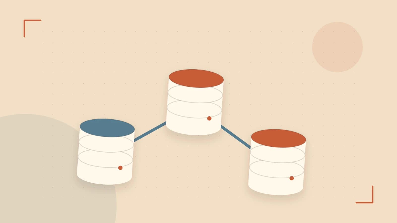 Editorial illustration of structured records, database cylinders and relationships between tables