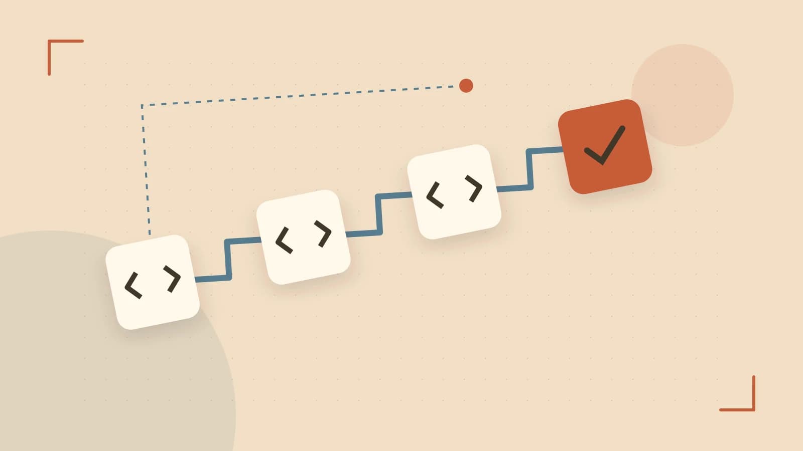 Editorial illustration of a branching build pipeline, staged transformations and a completed check
