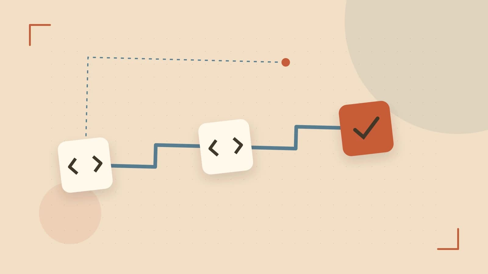 Editorial illustration of a branching build pipeline, staged transformations and a completed check